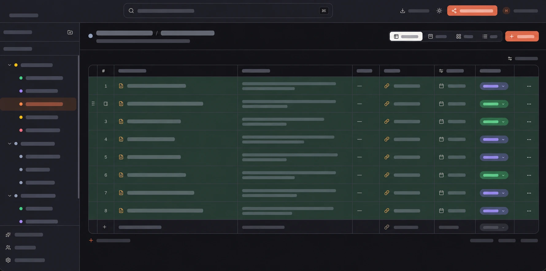 Presently dashboard with folders, a deliverables register and status labels; workspace content obscured for privacy.