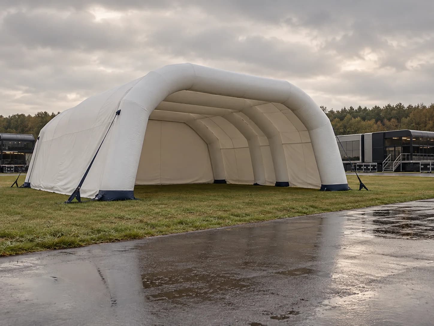 The inflatable event structure in a neutral white finish, open at the front.