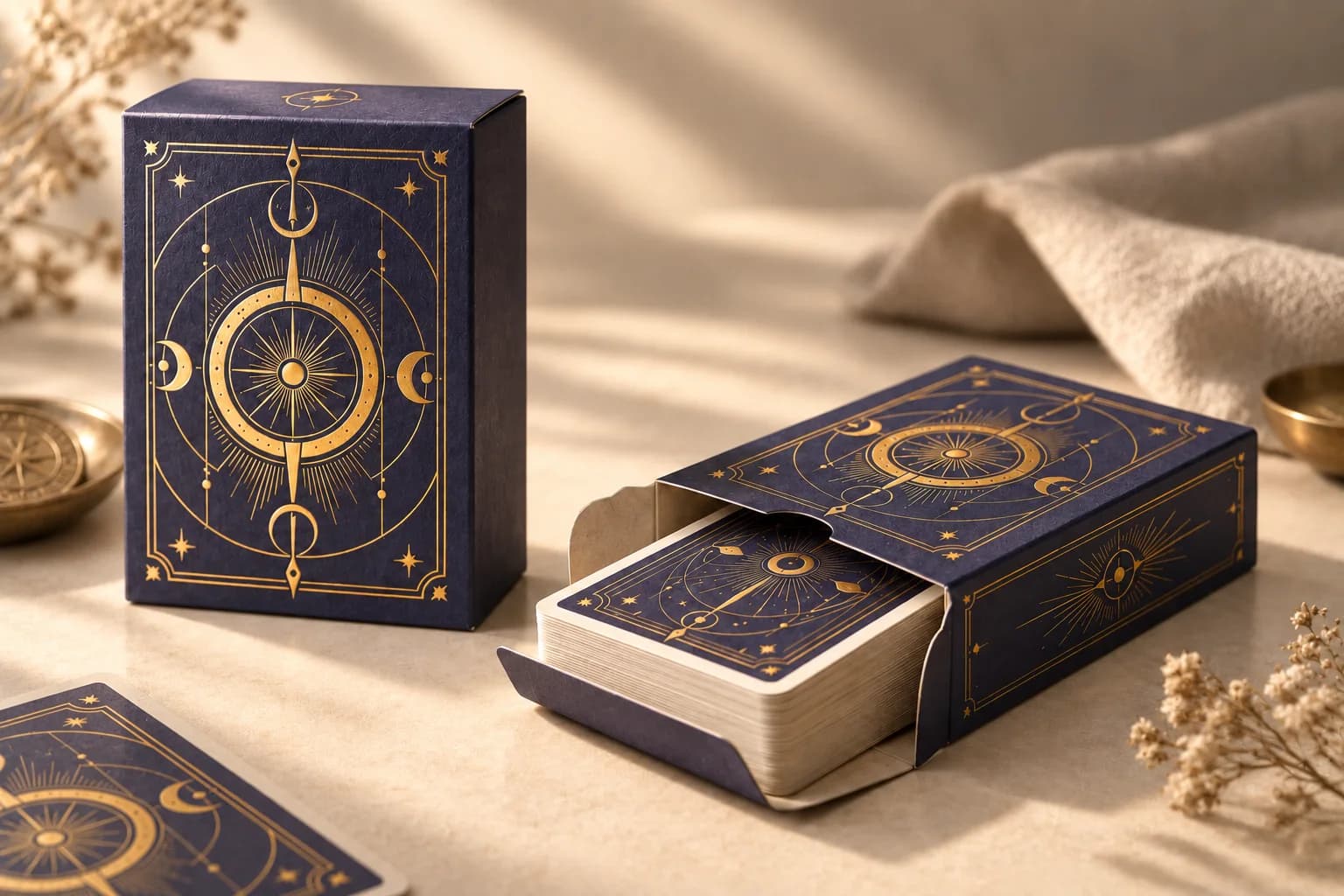 An indigo and gold illustrated card deck with its matching tuck box on warm linen.