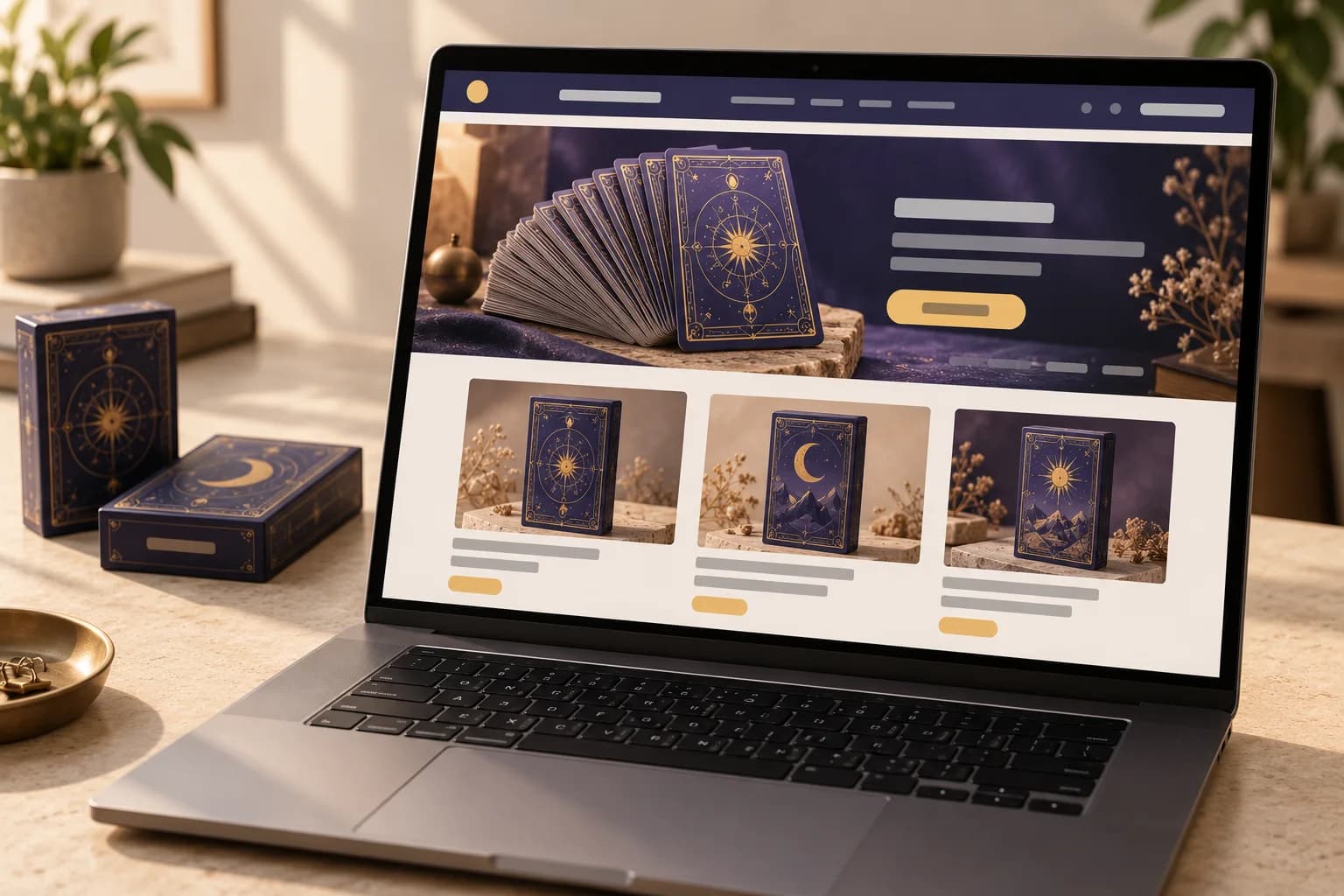A card storefront displayed on a laptop beside its deck and packaging.