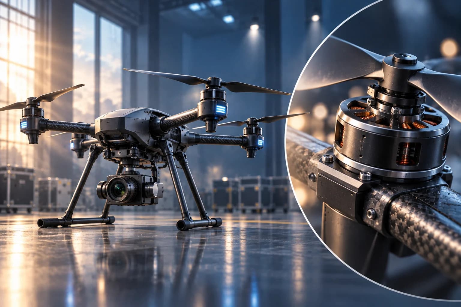 A camera drone in a workshop beside a magnified cutaway of its electric motor.