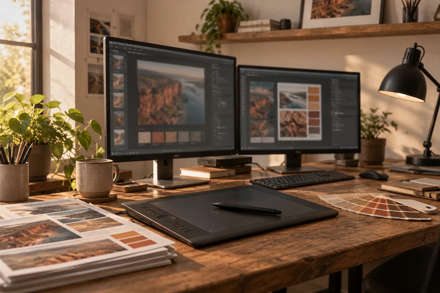A creative workstation with 3D landscape imagery, reference prints and digital tools