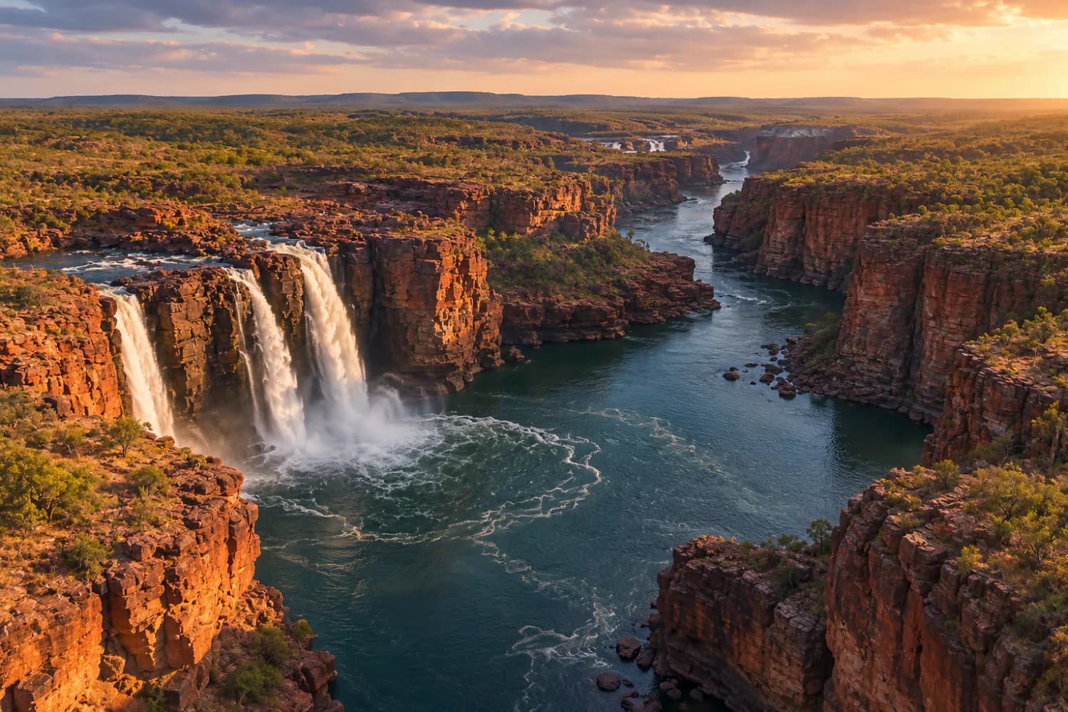 Twin waterfalls falling into a deep teal gorge cut through layered red sandstone, in low golden light.